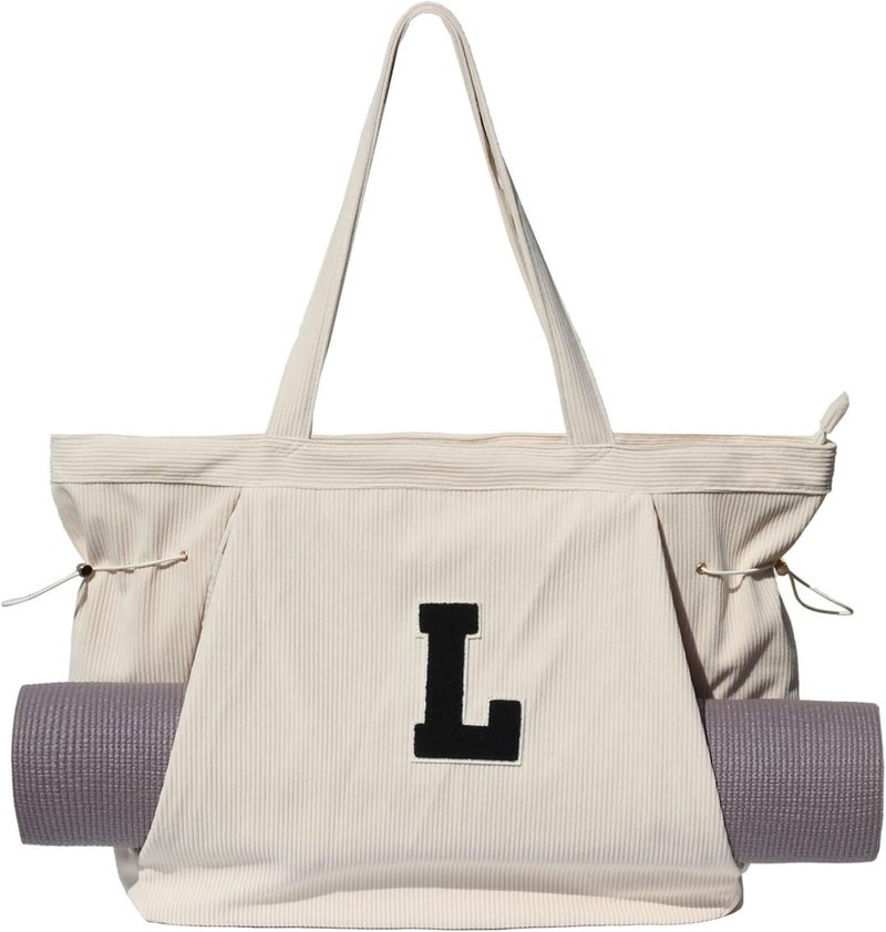 ESVAN Corduroy Yoga Tote Bag Gifts for Women Drawstring Yoga Mat Bag for Office Workout Travel Carryall Pilates Gym - Image 1